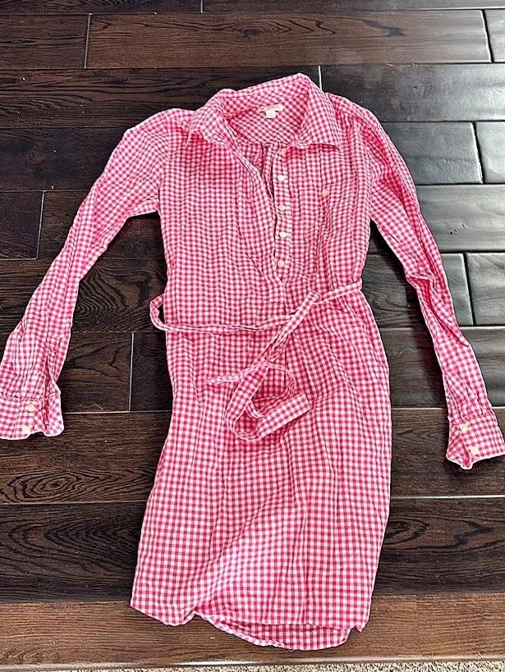 Gap Pink Gingham Long Sleeve Belted Shirt Dress Pink & White size xs